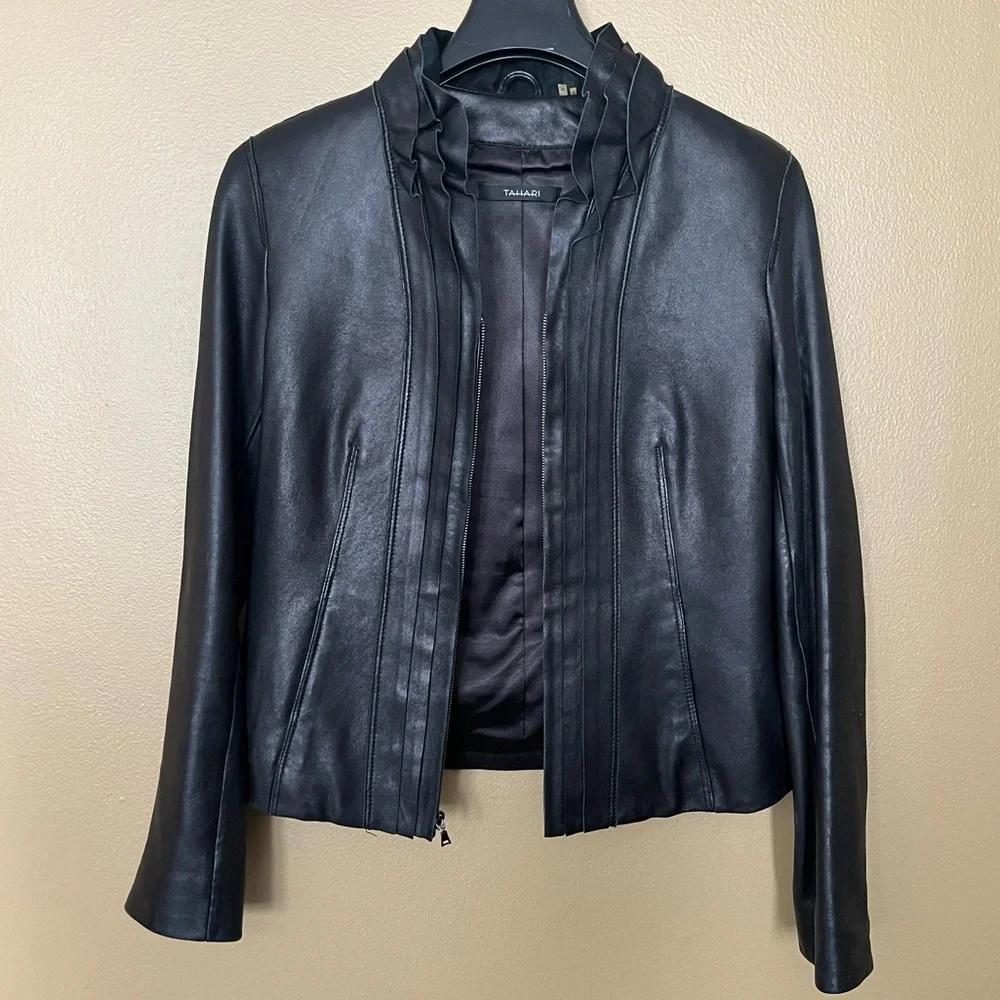 TAHARI 100% Genuine Leather Jacket Blazer Zipper Front Black XS Women - Picture 12 of 14